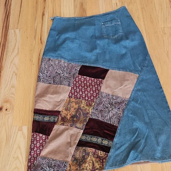 J. Jill Blue Vintage Boho Hippie Denim  Patched Skirt - Picture 8 of 10